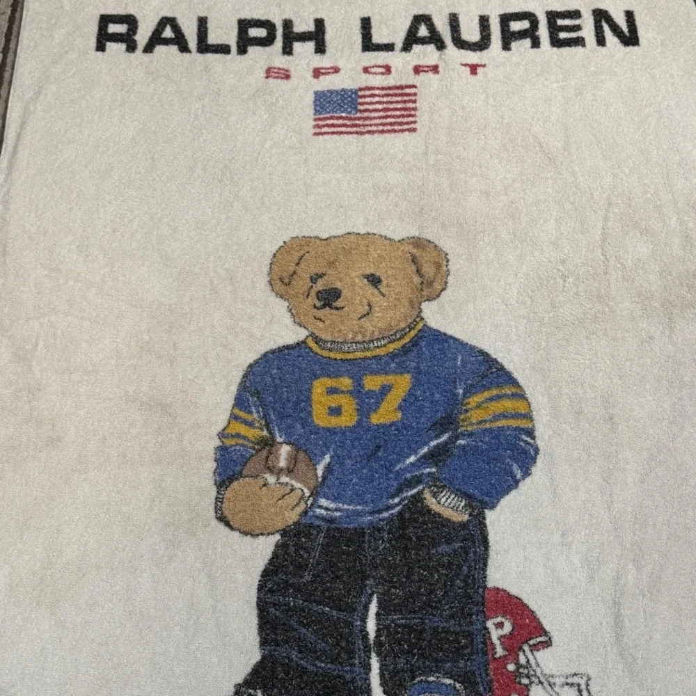 Vintage Ralph Lauren Sport Polo Bear Beach Towel Football 67 White Cotton USA